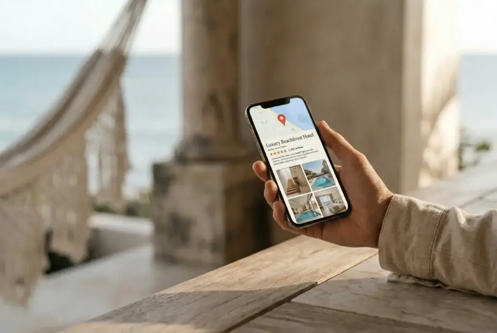 Persona revisando la información de un negocio local en Google desde su celular antes de tomar una decisión